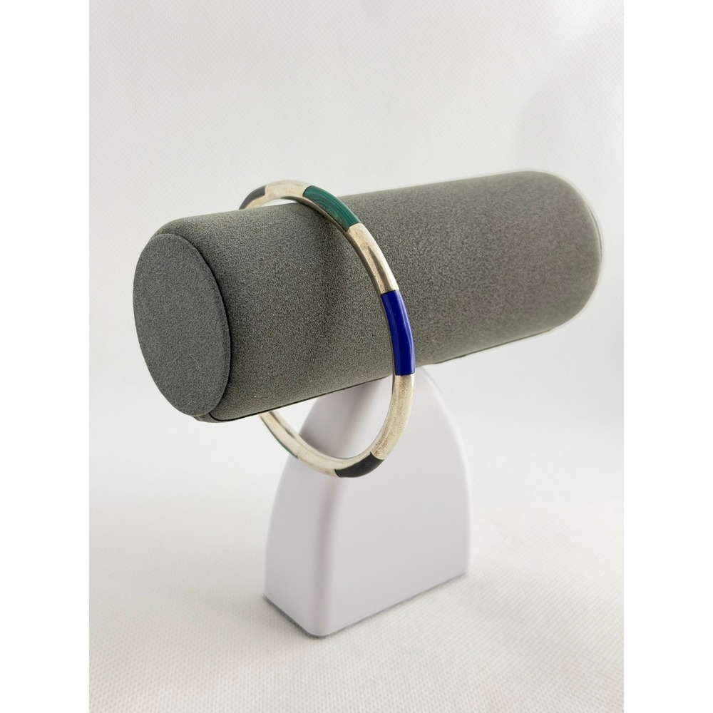 Mexican Silver Multi-Color Inlay Stone Bangle Bracelet 2.5in